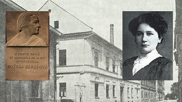 Na fotografii rodný dům Boženy Benešové, vpravo jako mladá spisovatelka, vlevo...