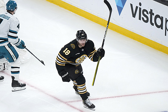 Pavel Zacha (18) z Boston Bruins se prosadil proti San Jose Sharks.