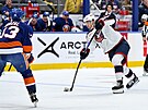 Obránce Columbus David Jiíek stílí na branku New York Islanders.