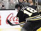 Pavel Zacha (18) z Boston Bruins stílí na bránu San Jose Sharks, v ní kleí...