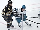 David Pastrák (88) z Boston Bruins a William Eklund ze San Jose Sharks bojují...