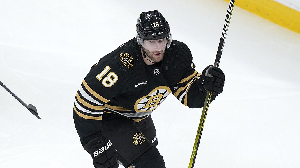 Pavel Zacha (18) z Boston Bruins se prosadil proti San Jose Sharks.