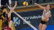 Aleksandra Janji�ová a Jelena Stoji�ová z Crvena Zvezda B�lehrad blokují útok...