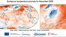 Teplota vzduchu u povrchu zem ve svt a v Evrop v listopadu 2023 a srovnání...