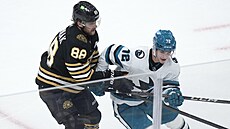 David Pastrňák (88) z Boston Bruins a William Eklund ze San Jose Sharks bojují...