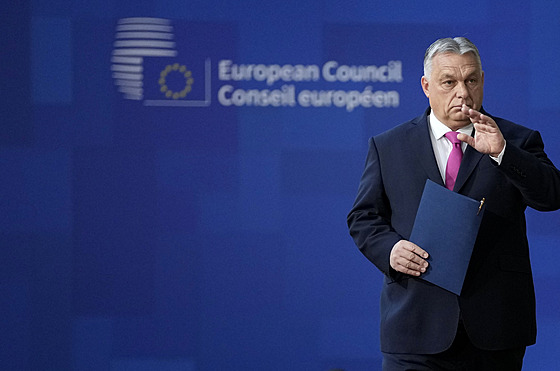 Maarský premiér Viktor Orbán na unijním summitu v Bruselu (14. prosince 2023)