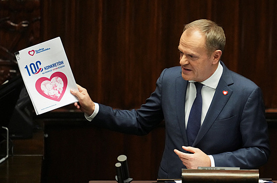 Nový polský premiér Donal Tusk pi projevu v Sejmu, dolní komoe parlamentu,...