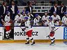 etí hrái se radují z gólu v utkání výcarských hokejových her proti Finsku.