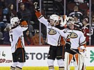 Radko Gudas (7) a Max Jones (49) slaví výhru Anaheim Ducks, vpravo branká...