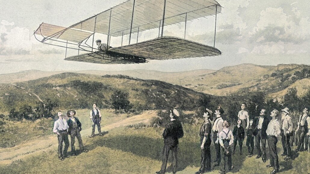 Byla to doba odváných blázn. Orville Wright se poloil do stroje, který...
