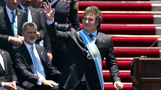 Argentinsk prezident Javier Milei mv po slavnostn psaze ped Nrodnm kongresem v Buenos Aires. (10. prosince 2023)