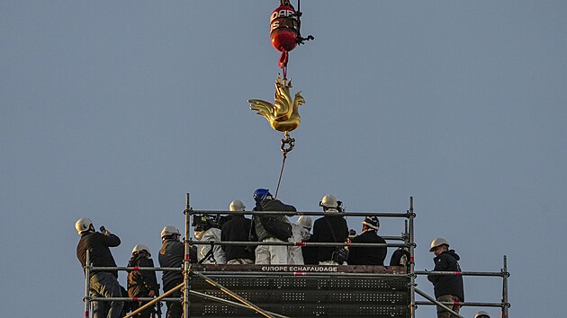 Na vrchol v�e katedr�ly Notre-Dame v Pa��i usedl v sobotu odpoledne zlat� kohout. Rekonstrukce katedr�ly, kterou zas�hly plameny v roce 2019, se bl�� ke konci. (16. prosince 2023)