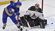 Jeff Skinner z Buffala se snaží dostat puk za brankáře Arizony Karla Vejmelku.