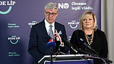 Tisková konference stínové vlády ANO. Karel Havlí�ek a Alena Schillerová (ANO)....