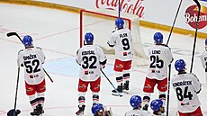 etí hokejisté dkují fanoukm po výhe 2:1 nad Finskem.