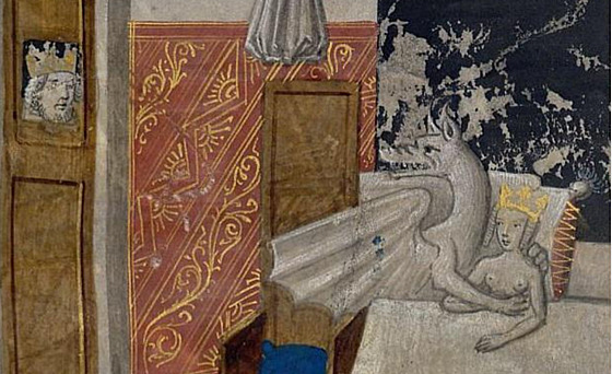 Královna obcuje s drakem, její cho se dívá. Ilustrace z knihy Les faize...