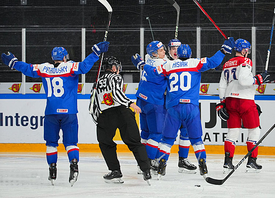 Sloventí hokejisté se radují ze vstelené branky.