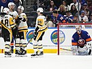 Hokejisté Pittsburghu oslavují gól Radima Zohorny (druhý zleva). V brance NY...