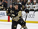David Pastrák (88) z Boston Bruins pálí na bránu Minnesota Wild, Kirill...