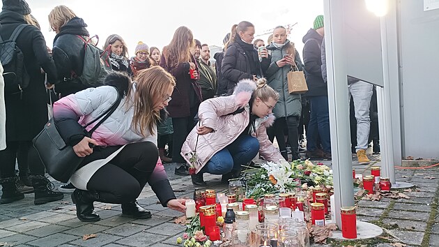 Pietnho aktu ped budovou, kde sdl rektort a Filozofick fakulta Jihoesk univerzity v eskch Budjovicch, se zastnilo zhruba sto lid, pedevm student.