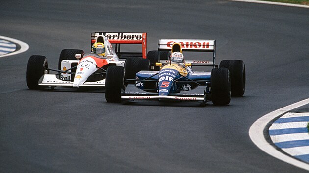 Mansell Nigel s vozem williams a Ayrton Senna s mclarenem pi Velk cen panlska v Barcelon v roce 1991