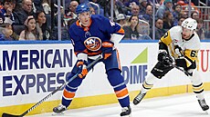 Robert Bortuzzo  z NY Islanders rozehrává, pozoruje ho Radim Zohorna z...