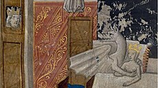 Královna obcuje s drakem, její cho� se dívá. Ilustrace z knihy Les faize...