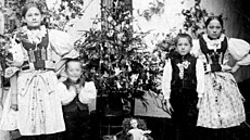 Dti v krojích u vánoního stromku na snímku z padesátých let minulého století...