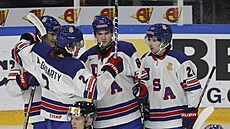 Americký hokejista Jimmy Snuggerud (uprost�ed) slaví se spoluhrá�i gól v zápase...