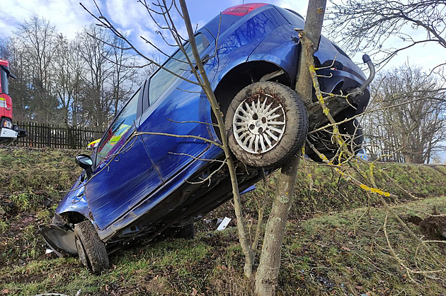 Řidič nezvládl projet zatáčku, auto vyjelo ze silnice a opřelo se o strom