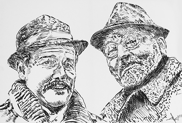 U piva o Havlovi i Háchovi. Kreslíř v hospodě vystavuje portréty slavných