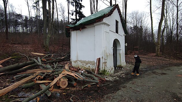 Barokní kapličku na Křemešníku poničil spadlý kmen stromu. Poškozená je střecha, štítová stěna stavby i reliéf od sochaře Františka Bílka.