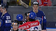 Finský hokejista Kasper Halttunen dlá posmné výrazy smrem k Matyái...