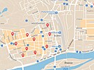 Mapa ukazuje, na kterých místech Praha 7 rozmístila kyblíky se trkem a solí....