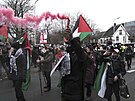 Propalestintí demonstranti drí palestinské vlajky a protestují u...