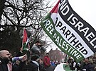 Propalestintí demonstranti drí palestinské vlajky a protestují u...
