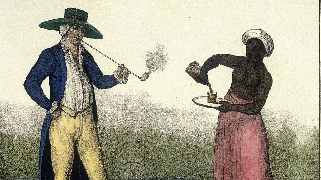 Plantáník v Surinamu a jeho ernoská otrokyn. Grafika z poátku 19. století....