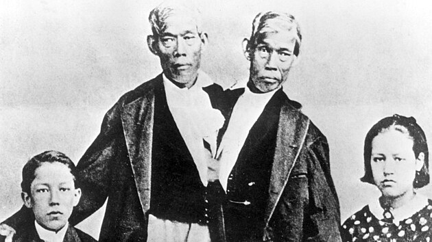 Chang a Eng Bunkerovi se dv�ma sv�mi d�tmi v Severn� Karol�n� na sn�mku kolem roku 1860