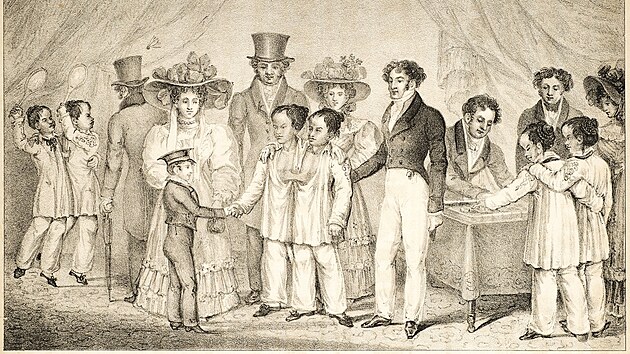 Mlad� Chang a Eng na litografii od Nathaniela Whittocka z roku 1829