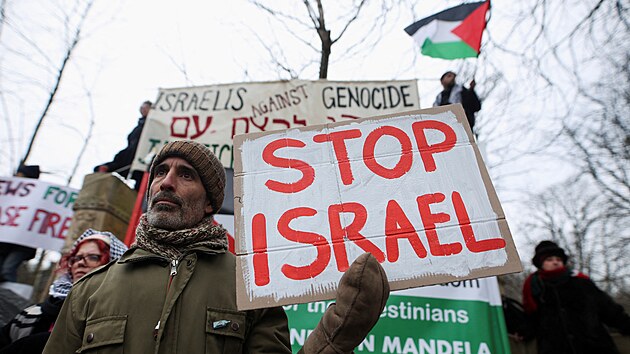 Propalestint demonstranti dr palestinsk vlajky a protestuj u Mezinrodnho soudnho dvora (ICJ). (11. ledna 2024)
