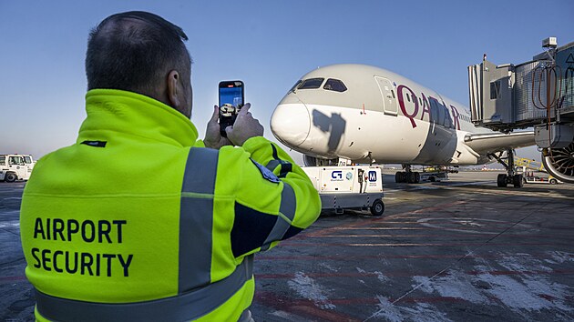 Slavnostn pedstaven Boeingu 787 Dreamliner dopravce Qatar Airways pi jeho nvratu na linku z Prahy do Dauh (10. ledna 2024)