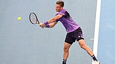 �eský tenista Ji�í Lehe�ka hraje bekhend ve finále turnaje v Adelaide.