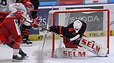 Olomoucký branká� Branislav Konrád se sna�í zasáhnout v utkání proti Hradci...