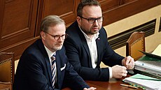 Premiér Petr Fiala a éf lidovc Marian Jureka pi projednávání návrhu na...