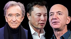 Zleva: Bernard Arnault, Elon Musk, Jeff Bezos
