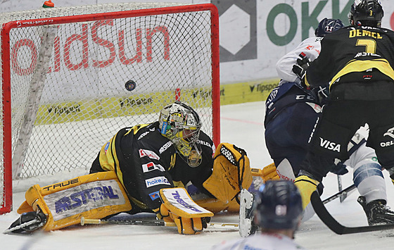 Marek Kalus z Vítkovic p�ekonává litvínovského branká�e �imona Zají�ka