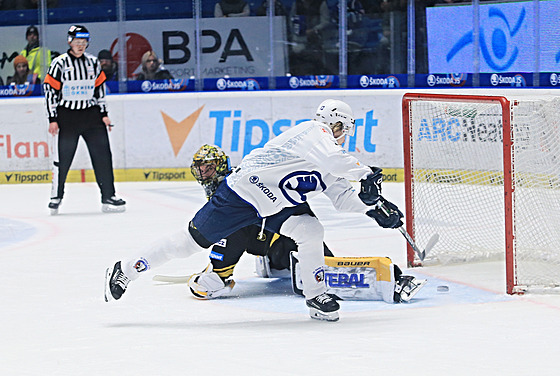 Plzeský hrá Tim Söderlund pekonává litvínovského gólmana.