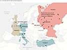 Rozmístní jaderných hlavic v Evrop a Rusku.