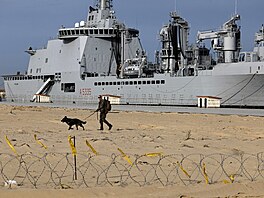 Na tomto snímku prochází poblí plavidla francouzský voják se svým psem. (21....