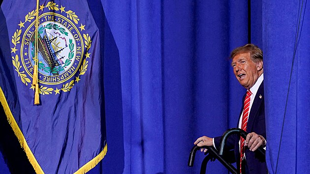 Donald Trump b�hem kampan� ve st�t� New Hampshire (21. ledna 2024)